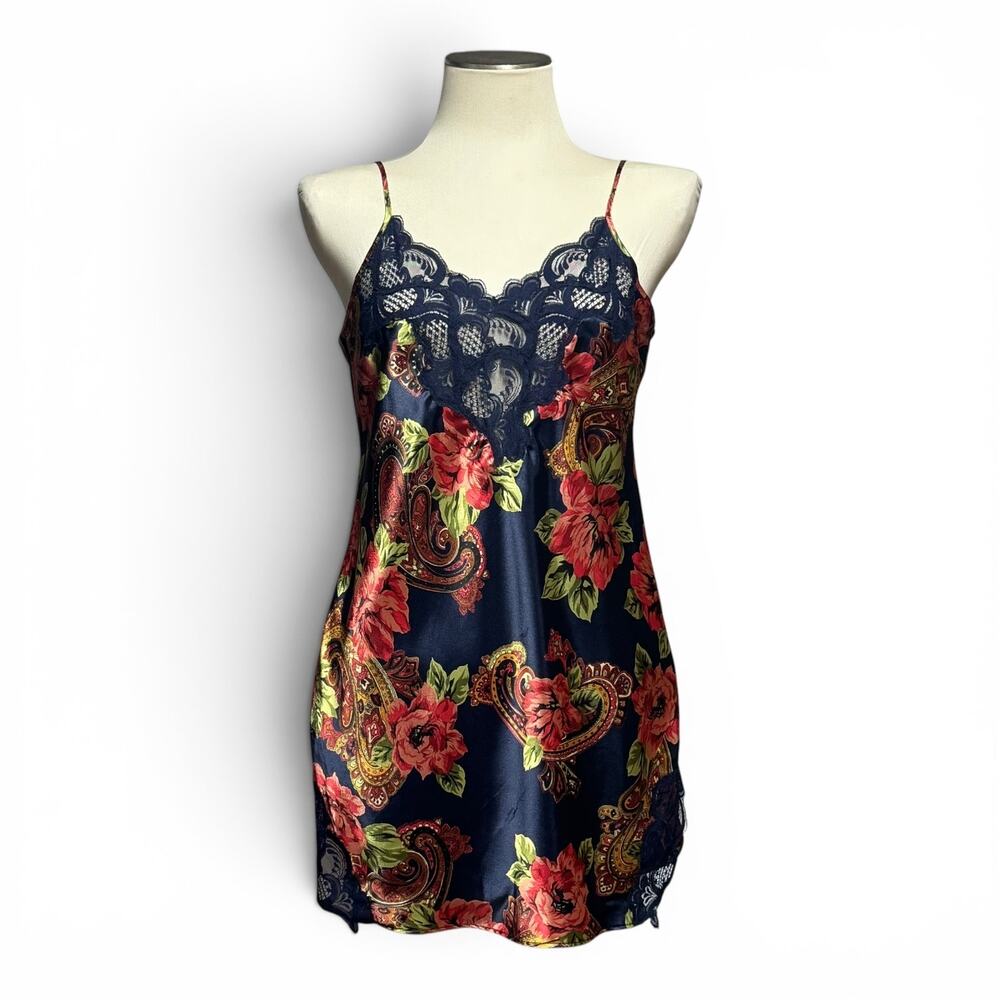 Victoria's Secret Vintage 80s‎ Satin Lace Nightgown Mini Slip Dress Blue Red Med